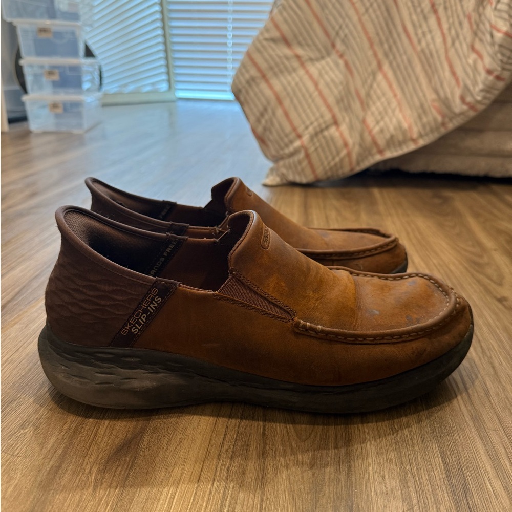 Skechers Brown Leather Loafers with Textured Finish